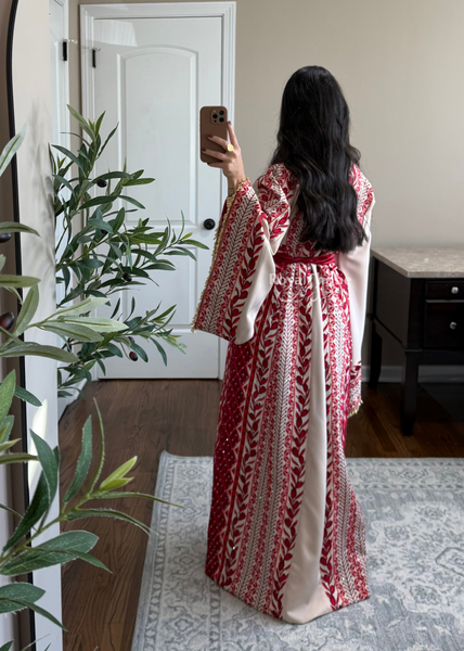 Beige/ Burgundy Zaytona Branches Full Embroidered Thobe