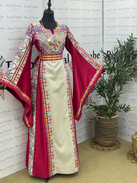 Pink & Cream Beige Satin  Floral Full Embroidered Thobe
