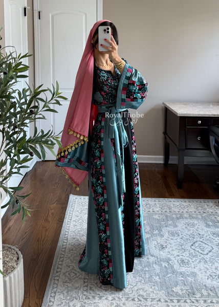 Black/Blue Floral&nbsp;Long Full Embroidered Thobe
