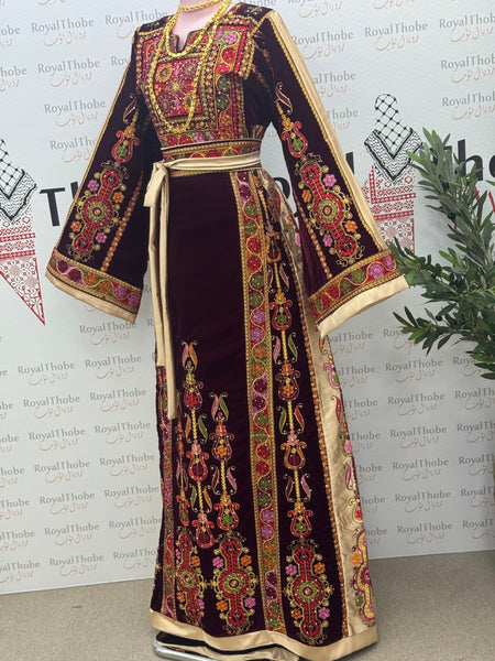 Velvet Burgundy Maleka Modern Long Full Embroidered Thobe