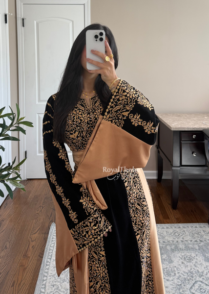 Black/ Gold Satin Simple Worood Long Full Embroidered Thobe