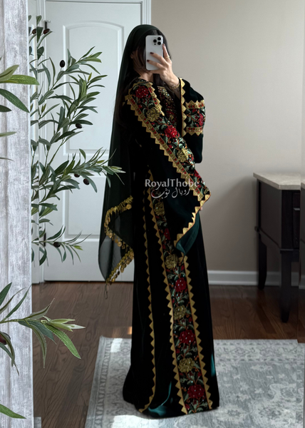 Velvet Olive Green Simple Floral Long Embroidered Thobe/Dress