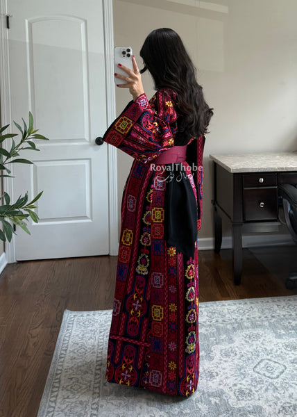 Black Colorful Maleka Full Embroidered Thobe
