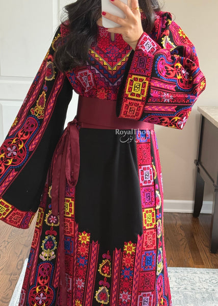 Black Colorful Maleka Full Embroidered Thobe