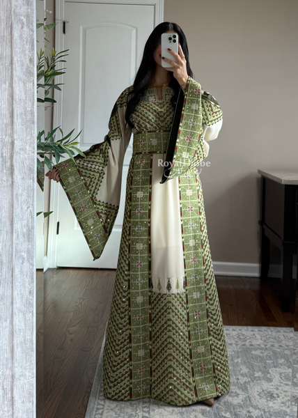 Beige/ Olive Green Arrow Full Embroidered Thobe With Olive Green Gold Coins Kherka