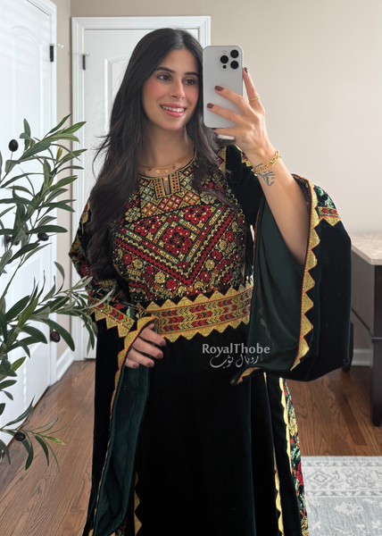 Velvet Olive Green Simple Floral Long Embroidered Thobe/Dress