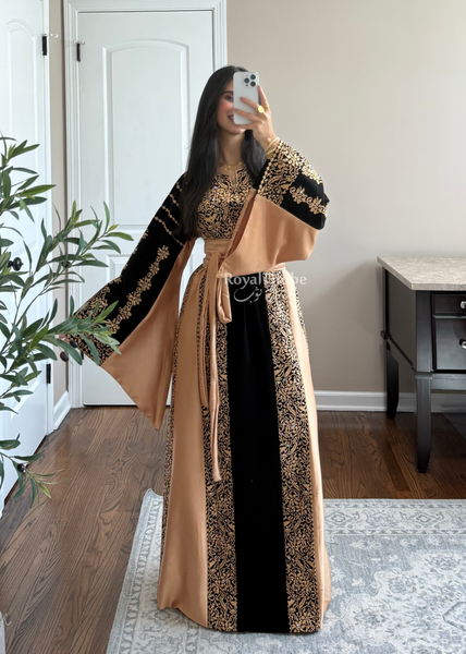 Black/ Gold Satin Simple Worood Long Full Embroidered Thobe