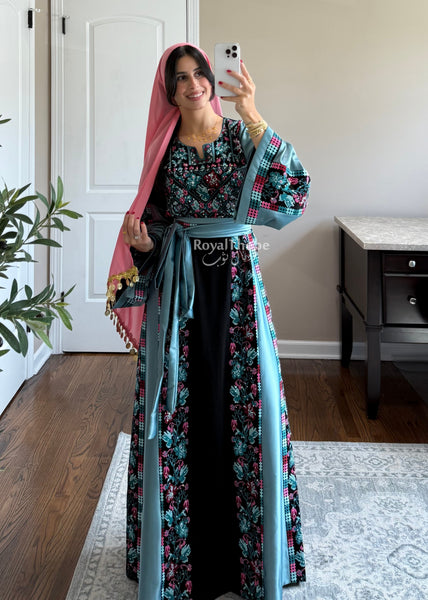 Black/Blue Floral&nbsp;Long Full Embroidered Thobe
