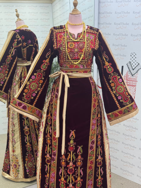 Velvet Burgundy Maleka Modern Long Full Embroidered Thobe