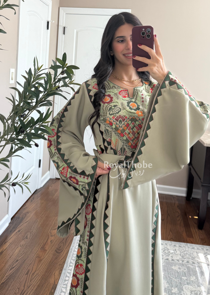Sage/Olive Green Simple Floral Long Embroidered Thobe/Dress