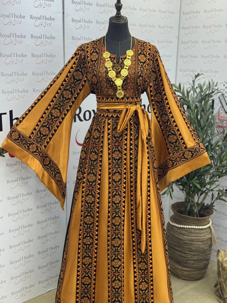 Black/ Mustard Bronze Simple Long Full Embroidered Thobe