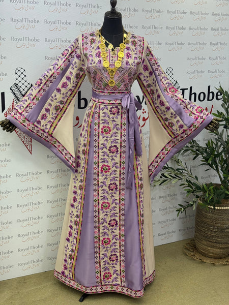 Beige / Lavender Floral Long Full Embroidered Thobe