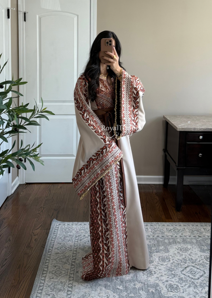 Beige/ Brown Zaytona Branches Full Embroidered Thobe