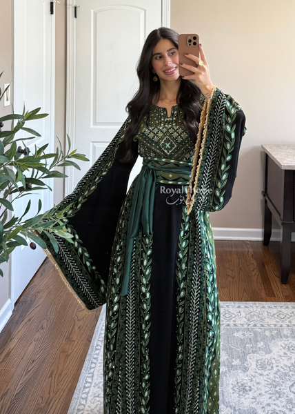Black/ Olive Green Zaytona Branches Full Embroidered Thobe