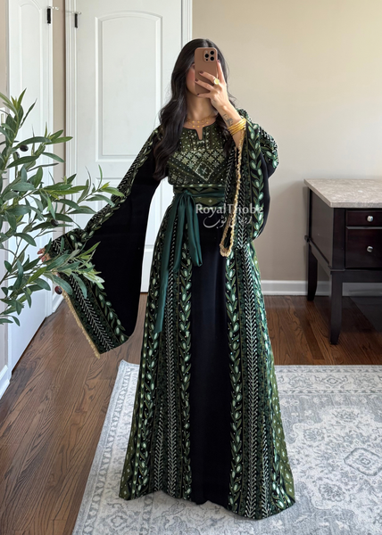 Black/ Olive Green Zaytona Branches Full Embroidered Thobe