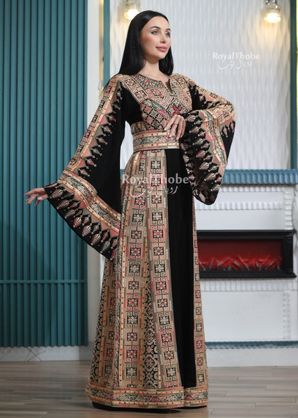 Black/Gold Elegant Long Full Embroidered Thobe