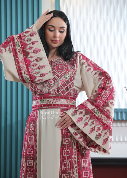 Beige/Burgundy Elegant Long Full Embroidered Thobe