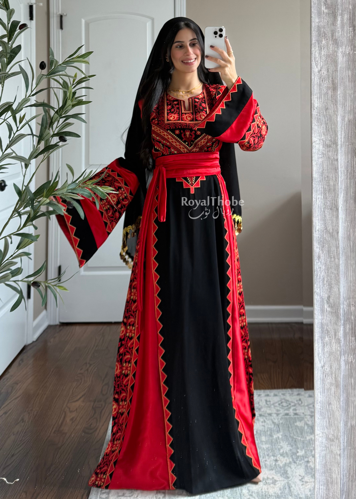 Black/Red Classic Simple Satin Long Full Embroidered Thobe