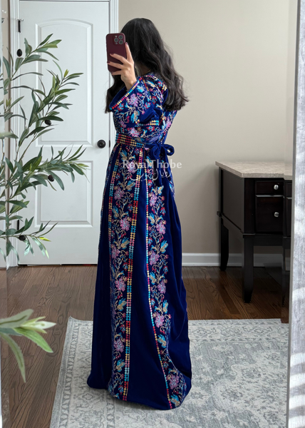 Velvet Royal Blue Floral Long Fully Embroidered Thobe