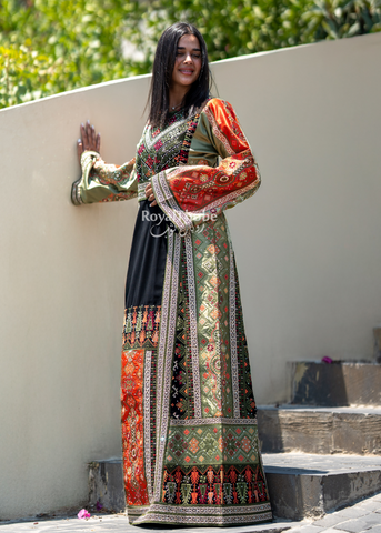 Black Orange & Olive Green Maleka Long Full Embroidered Thobe