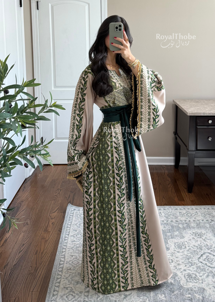 Beige/ Olive Green Zaytona Branches Full Embroidered Thobe With Fringe Sleeves