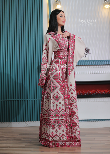 Beige//Burgundy Dimond Long Full Embroidered Thobe