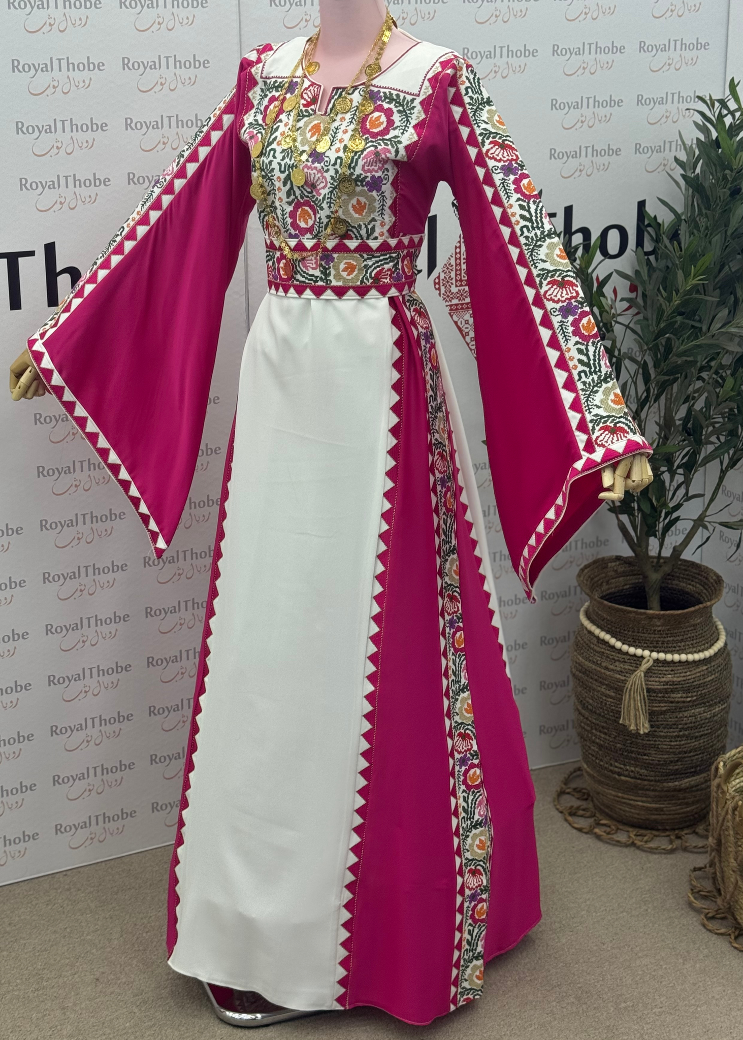 Colorfull Thobe White/ Pink Floral Satin Long Full Embroidered Thobe