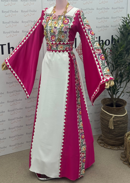 White/ Pink Floral Satin Long Full Embroidered Thobe