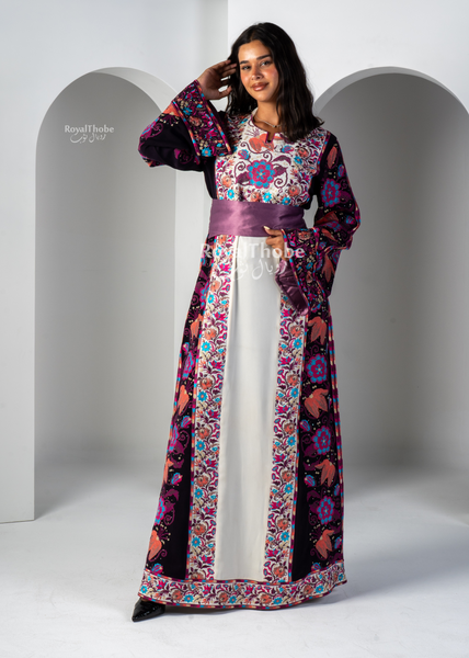 White/Purple Wardeh Long Full Embroidered Thobe