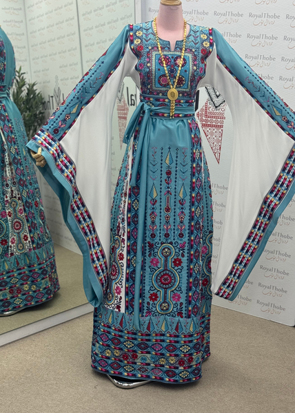 Baby Blue/White Maleka Long Full Embroidered Thobe