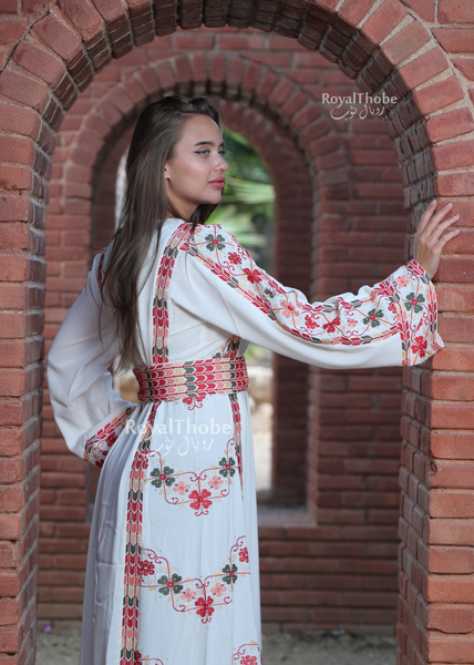 White/Red Simple Flower Long Full Embroidered Thobe