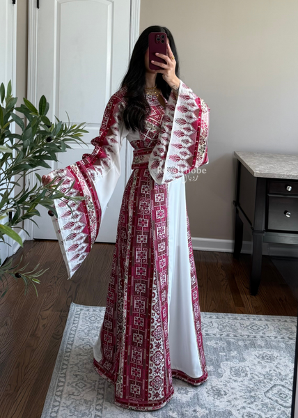 White/ Pinkish Maroon Simple Full Embroidered Thobe