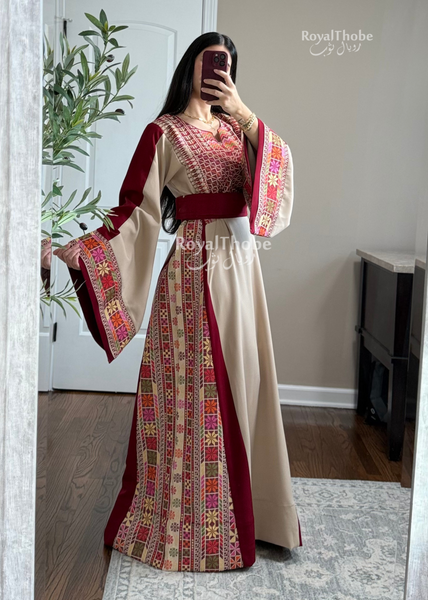 Dark Beige/Burgundy Elegant Full Embroidered Thobe With Revisable Belt