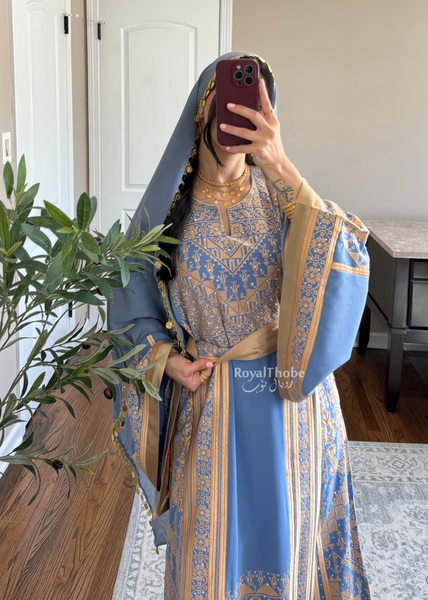 Blue /Gold Flower Malekah Full Embroidered Thobe