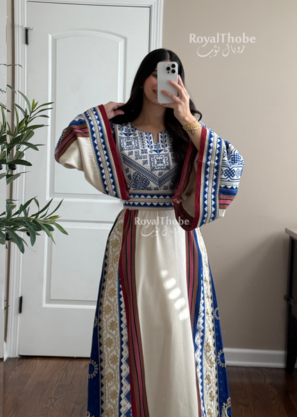 Cream/Royal Blue Maleka Majdlawe Long Full Embroidered Thobe