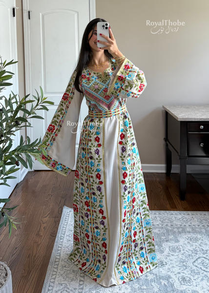 Beige/Cream Colorful Wardeh Kasab Long Full Embroidered Thobe