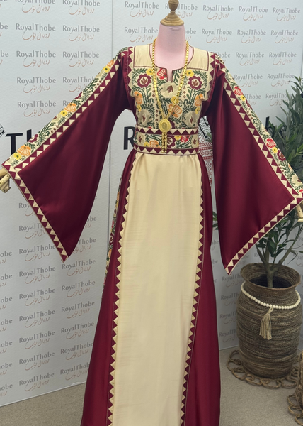 Beige / Burgundy Floral Satin Long Full Embroidered Thobe