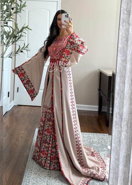 Bridal Beige/Burgundy Warda Full Embroidered Thobe
