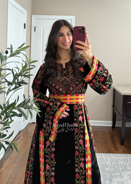 Velvet Black Floral Manajel Long Fully Embroidered Thobe