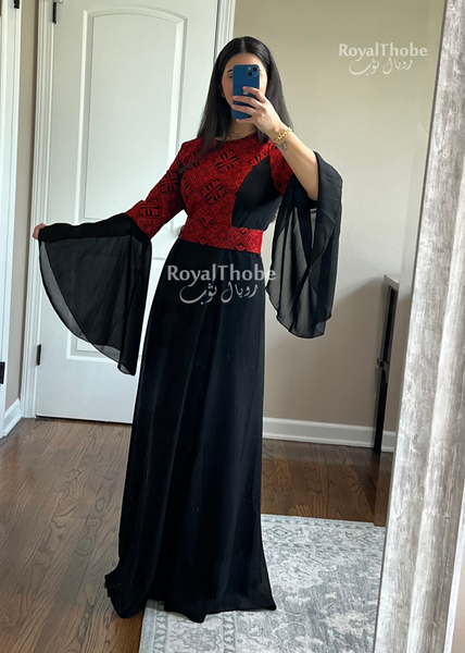Simple Black/Red Flare Sleeve Long Embroidered Dress