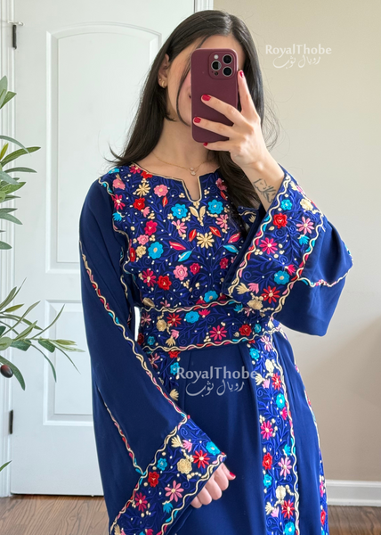 Royal Blue Elegant Floral Full Embroidered Thobe