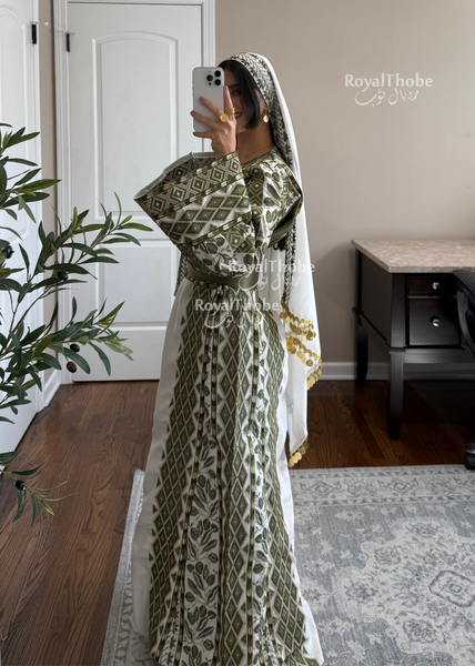 White/ Olive Green Zaytona Full Embroidered Thobe