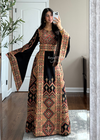 Black//Gold Dimond Long Full Embroidered Linen Fabric Thobe