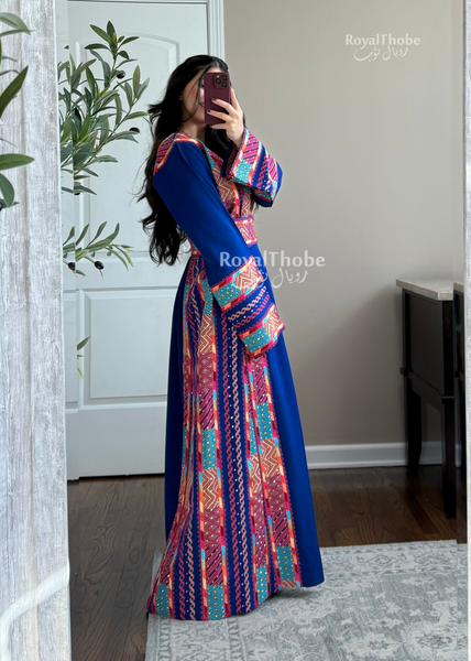 Royal Blue Modern Square Neck Long Full Embroidered Thobe