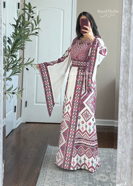 White/Purple Dimond Long Full Embroidered Thobe