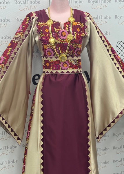 Burgundy/Beige Floral Satin Long Full Embroidered Thobe