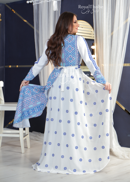 White/Blue Modern Asymmetric Neck Style Full Embroidered Dress