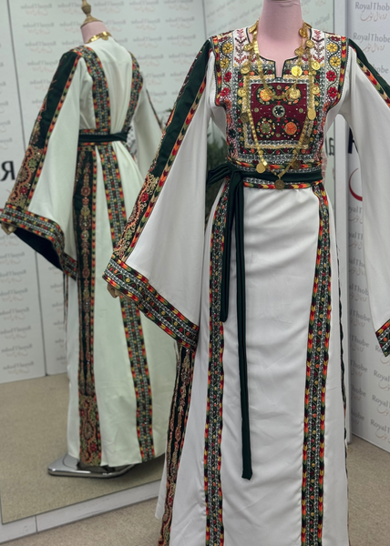 White /Olive Green Manajel Mini Flowers Long Full Embroidered Thobe