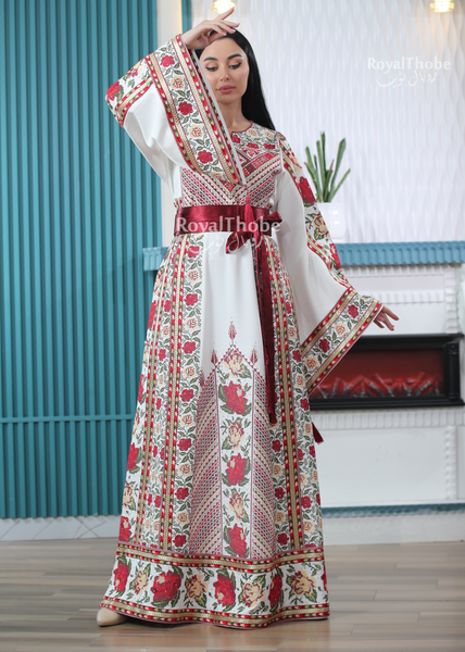 Bridal White Floral Modern Thobe With A Matching Embroidered Shaleh