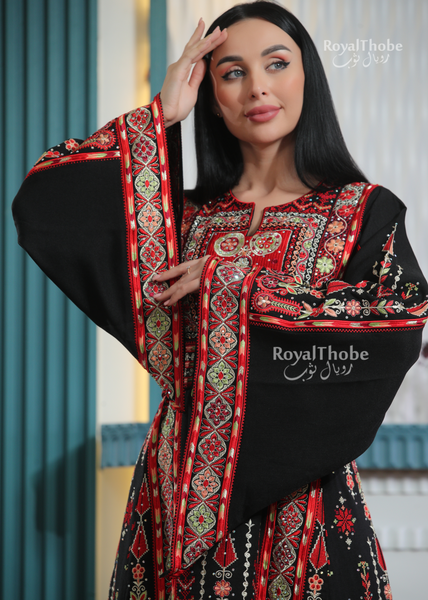 Black/Red Flower Maleka Long Full Embroidered Thobe